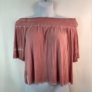 POL Pink Off The Shoulder Smocked Cropped Top Women's L Y2K Soft Feminine‎ Sexy